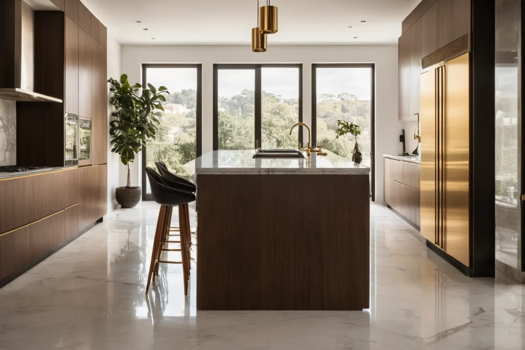 Luxury Italian kitchen with hand-built walnut cabinetry and discreetly integrated smart appliances at golden hour