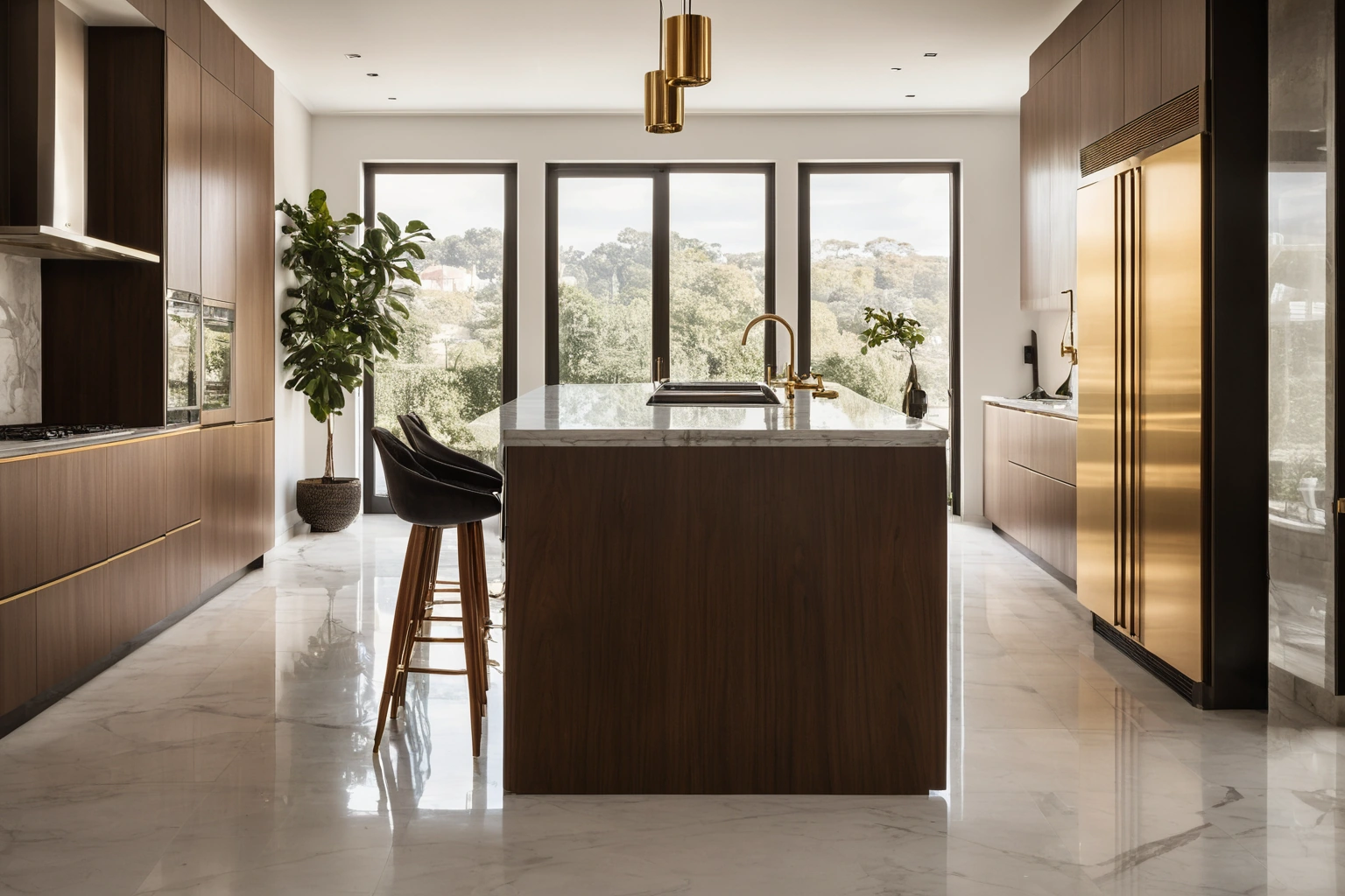 Luxury Italian kitchen with hand-built walnut cabinetry and discreetly integrated smart appliances at golden hour