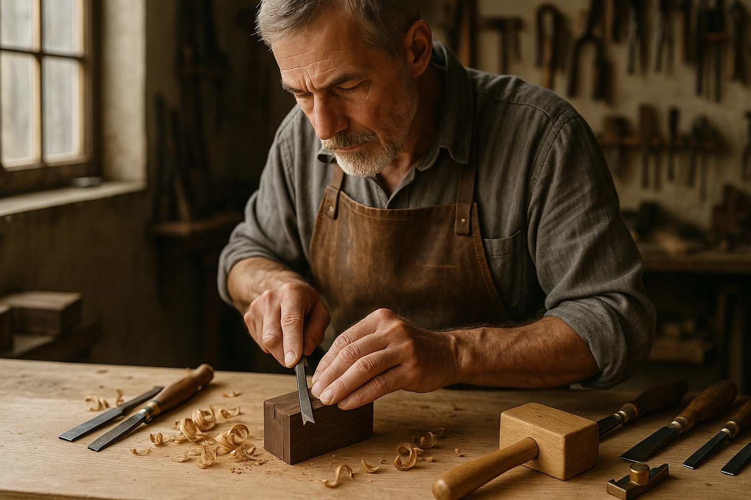 A master cabinetmaker in a leather apron paring a dovetail joint by hand at a workbench under warm workshop light