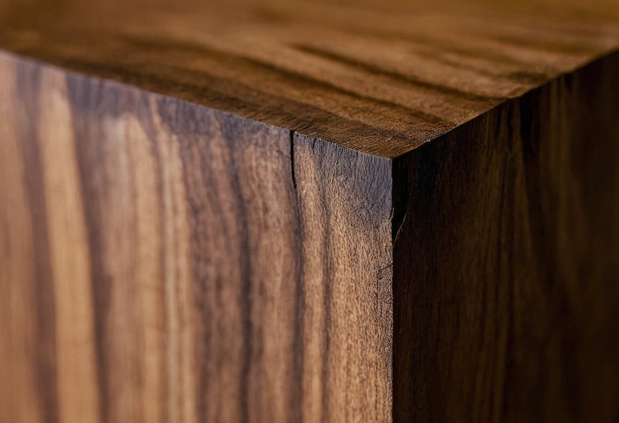 Macro photograph of a hand-cut walnut dovetail joint showing crisp pins and tails and fine saw lines