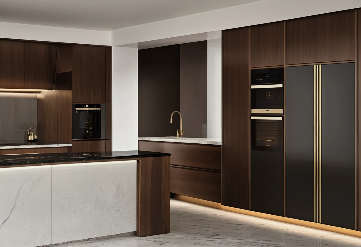 Detail of a tall integrated kitchen column with a built-in oven and a discreet touch control panel set into a walnut surround