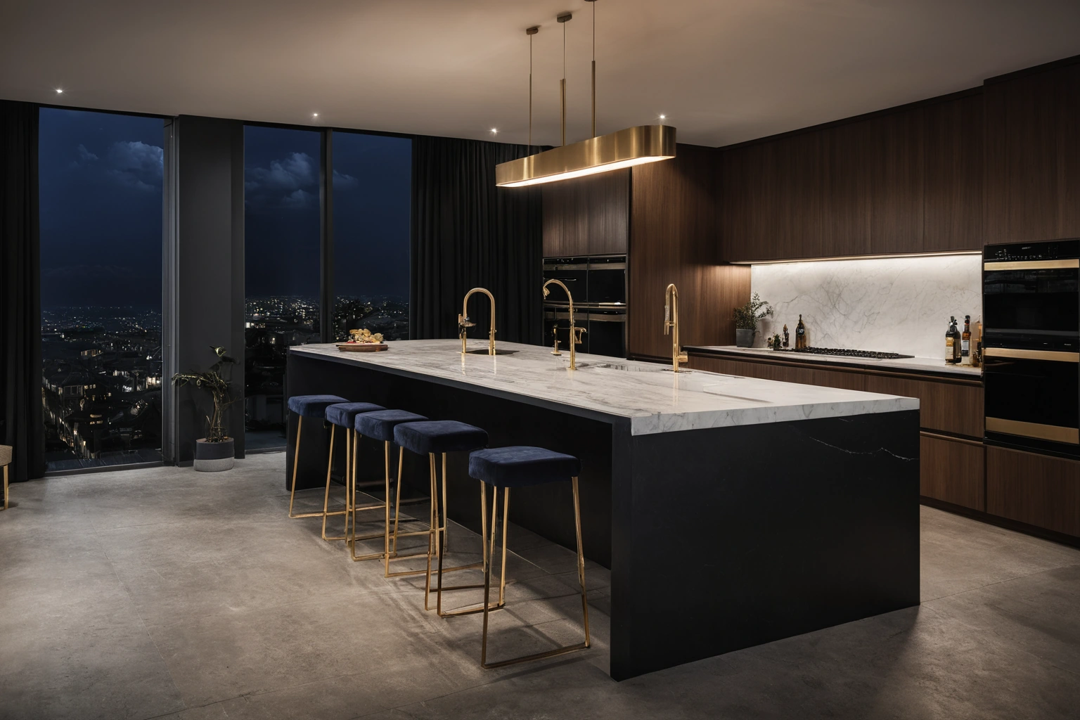 Completed bespoke Italian kitchen in the evening with warm under-cabinet light, marble island and hand-built cabinetry